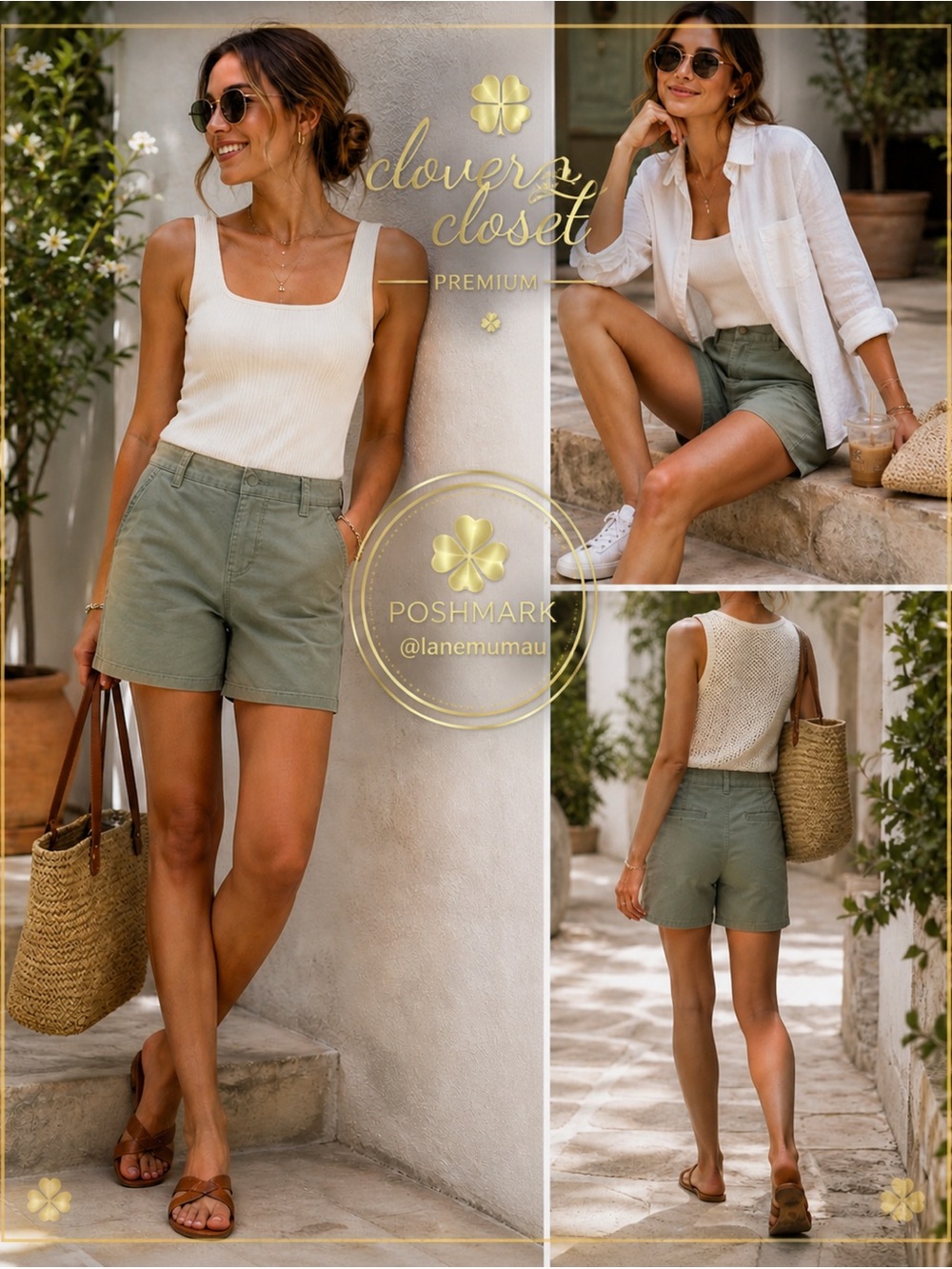 LOFT Olive Green Chino Bermuda Shorts Size 8 Stretch Cotton Casual Summer